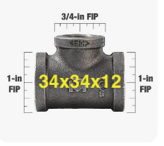 [3412bt, black reducing tee] 3/4x3/4x1/2 REDUCING TEE BLACK